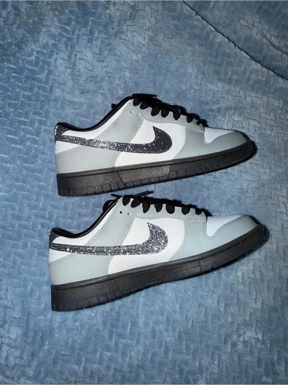 Nike Women's Low Top Sneakers in Light Gray, White & Black with Glitter Swoosh